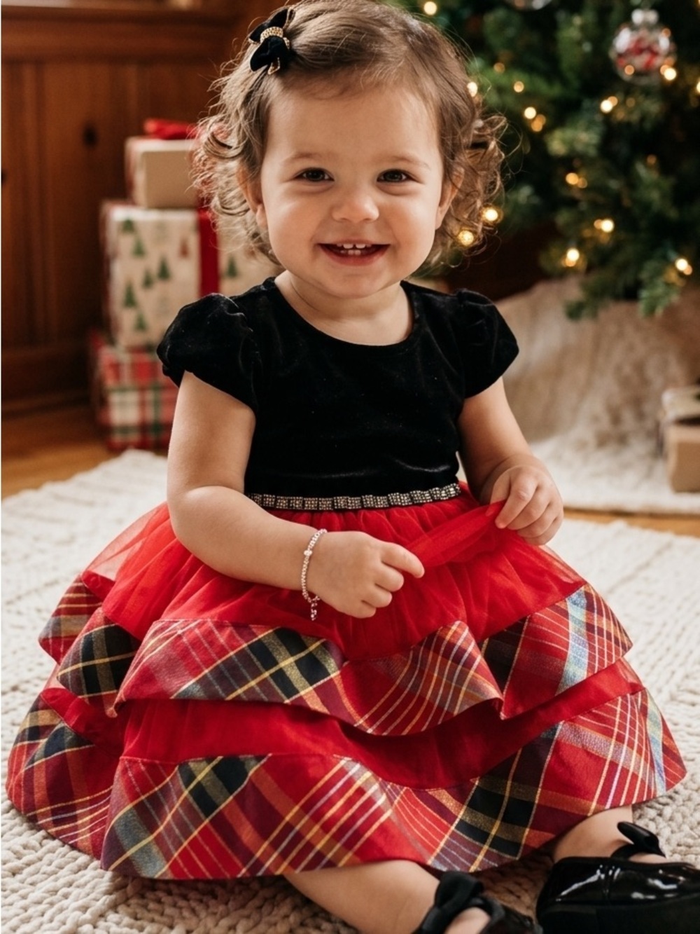 Bonnie Baby Black and Red Tulle Plaid Layered Holiday Dress